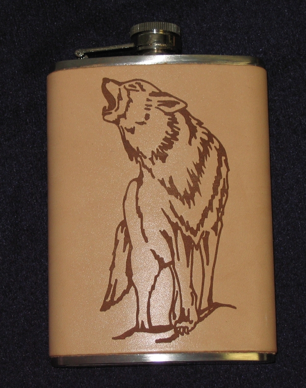 Flask, Leather, Wolf, 8oz - Click Image to Close