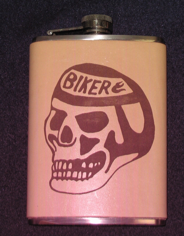 Flask, Leather, Biker Skull, 8oz - Click Image to Close