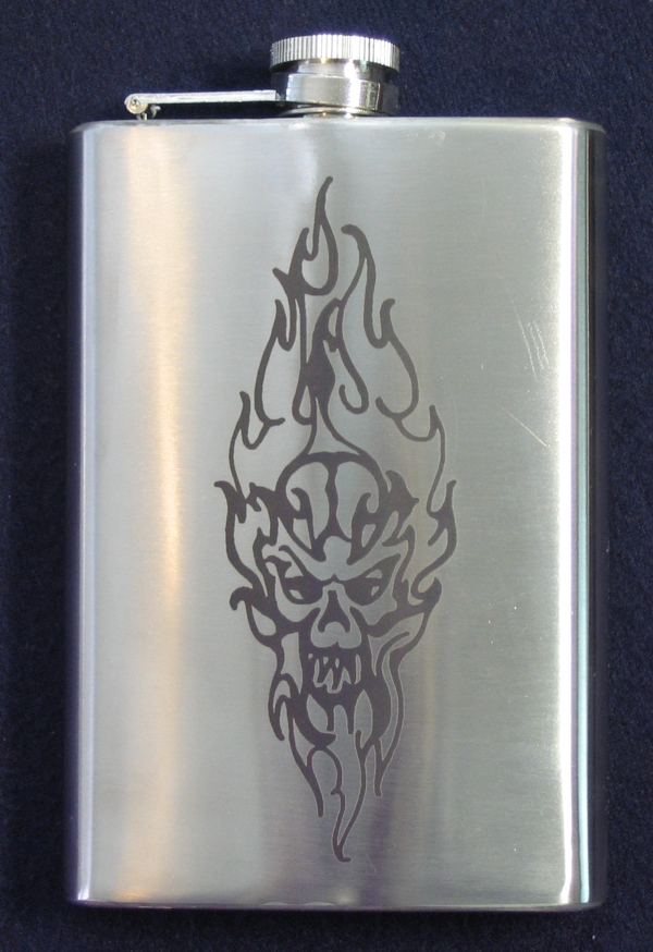Flask, Stainless, Flaming Skull, 8oz - Click Image to Close