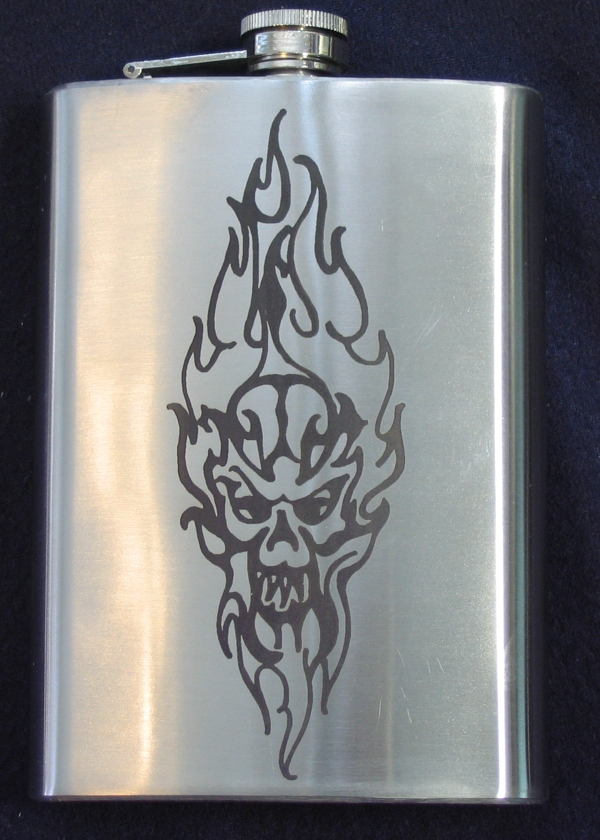 Flask, Stainless, Flaming Skull, 12oz - Click Image to Close